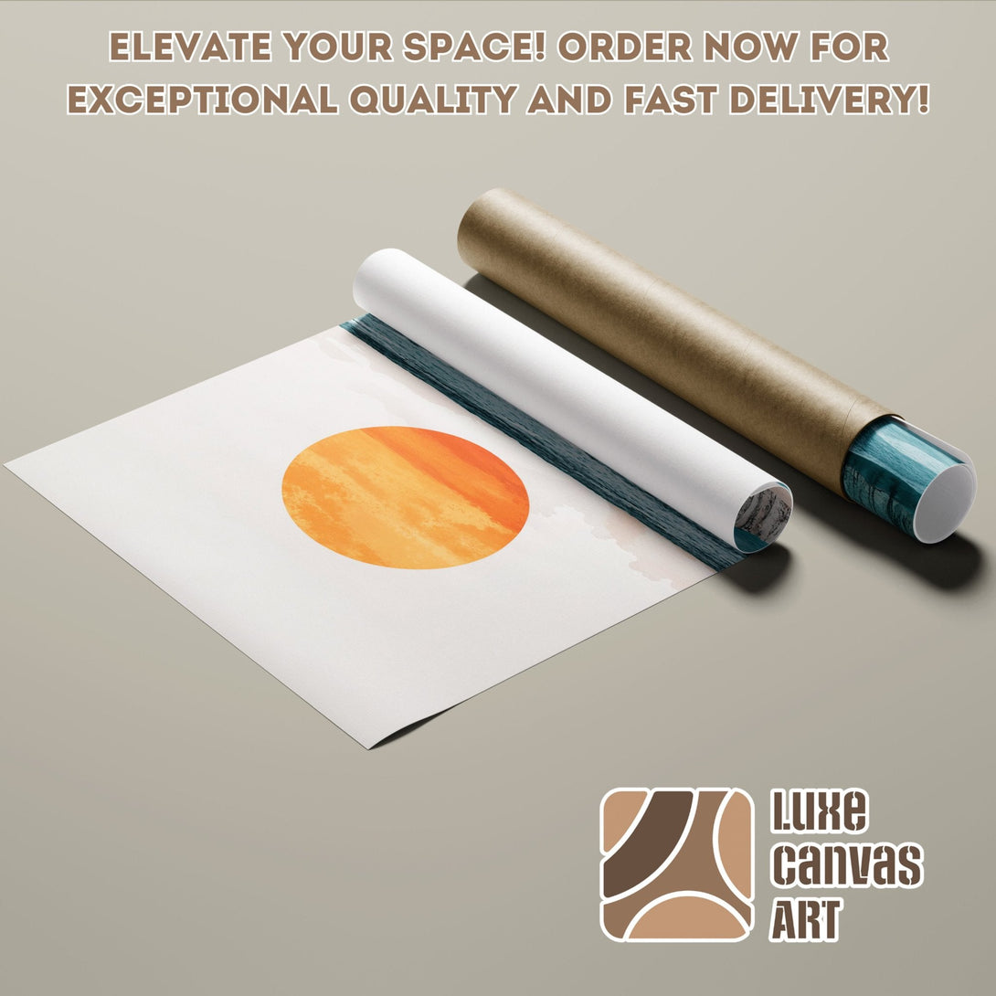 Abstract art poster roll with orange sun, teal & neutral tones. Elevate your space!