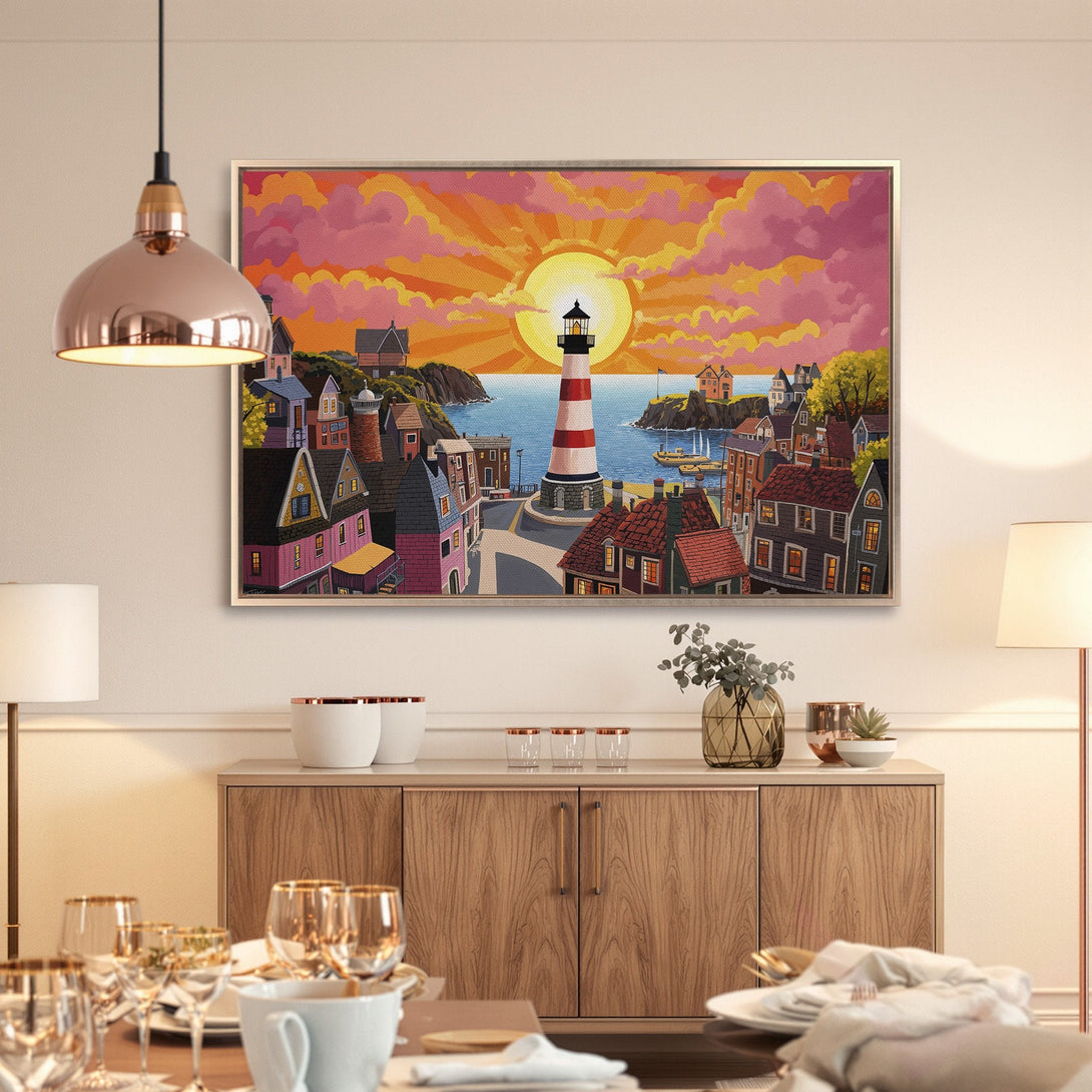 Framed Wall Art: Coastal lighthouse scene with vibrant sunset. Warm orange, pink, and blue color palette. Perfect for adding a touch of serenity to your home.