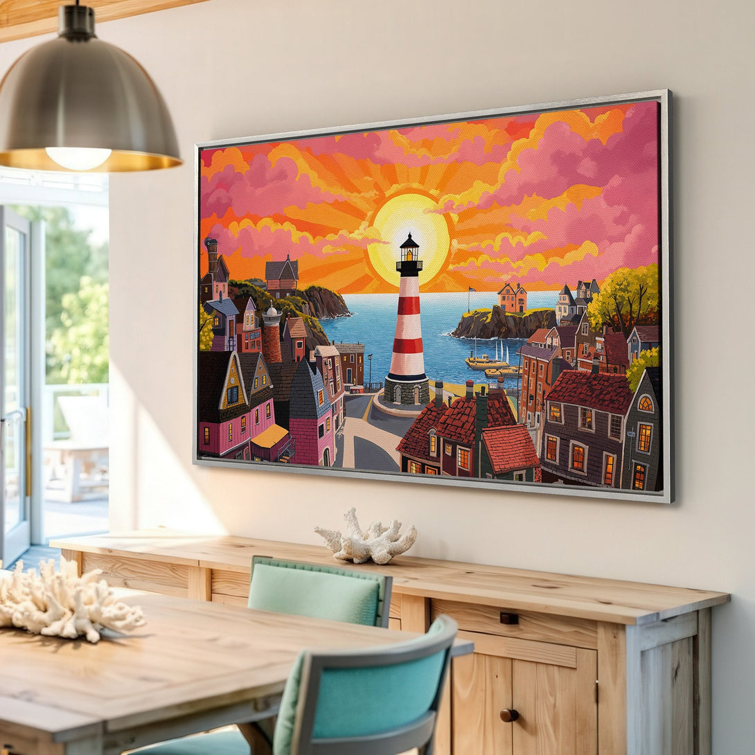 Framed Wall Art: Coastal town sunset scene with lighthouse. Vibrant orange, pink, and blue color palette. Perfect for adding warmth and character to your space.