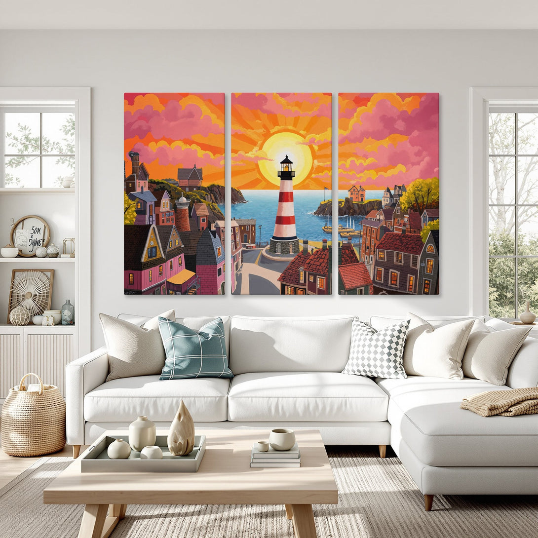 Canvas Print of coastal town with lighthouse at sunset. Warm orange & pink hues, whimsical style. Perfect wall art for living room.