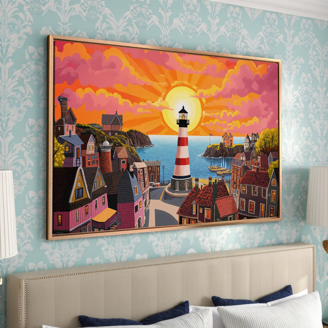 Framed Wall Art: Coastal lighthouse scene in vibrant orange, pink, and blue. Perfect for adding a pop of color and charm to your bedroom decor.