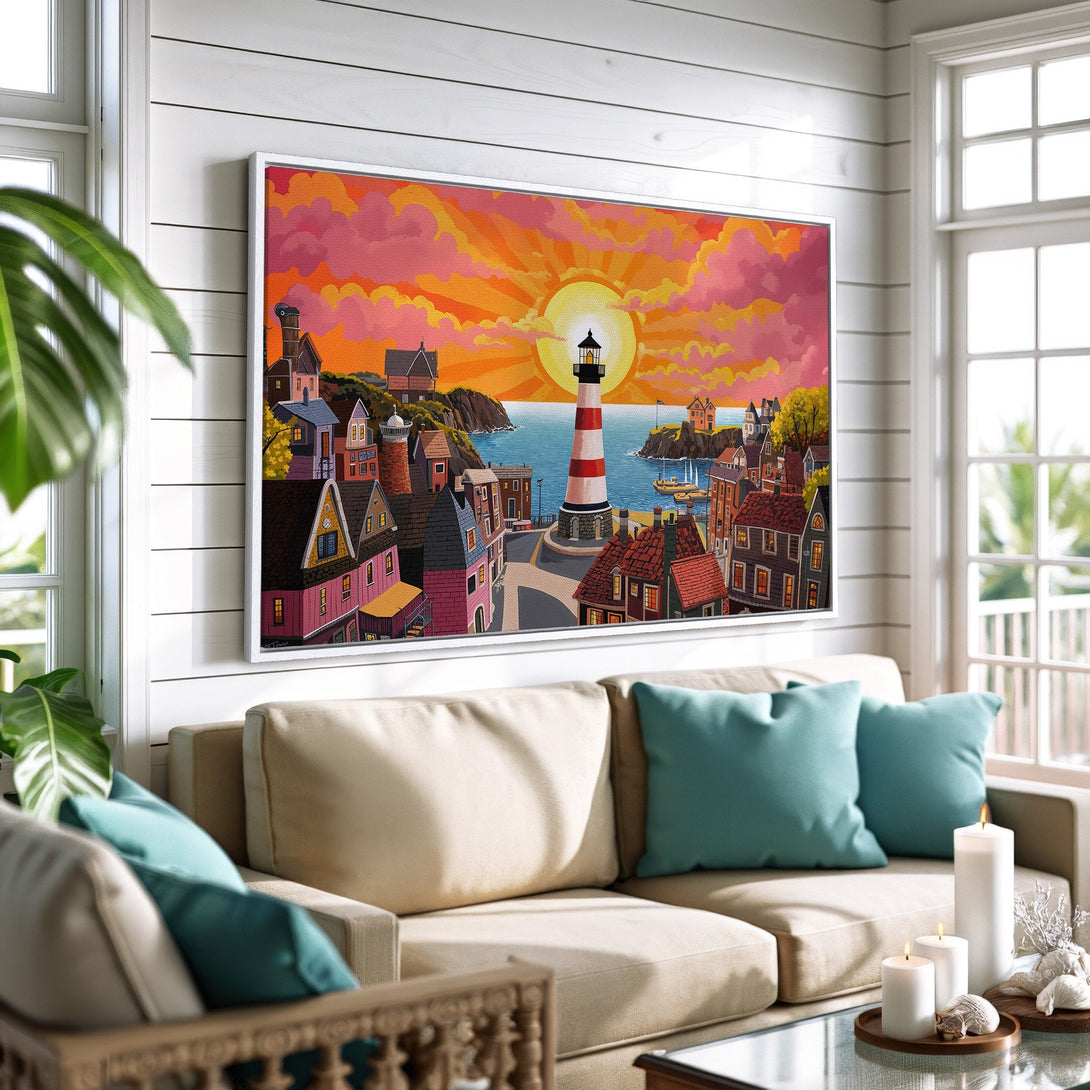 Framed Wall Art of a lighthouse and coastal town in vibrant sunset colors. Perfect for adding a pop of color and style to your home!