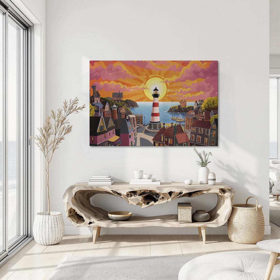 Framed Wall Art: Coastal town scene with lighthouse, vibrant sunset, and warm color palette. Perfect for adding charm and character to your space.