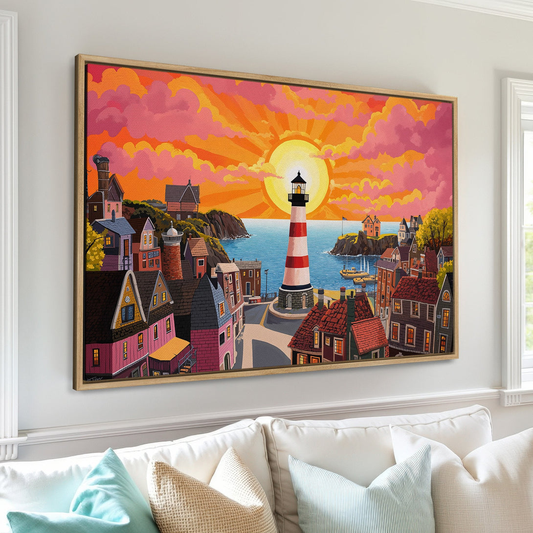 Canvas Print of a coastal town at sunset. Vibrant orange, pink, and blue color palette. Whimsical art style, perfect for home decor.