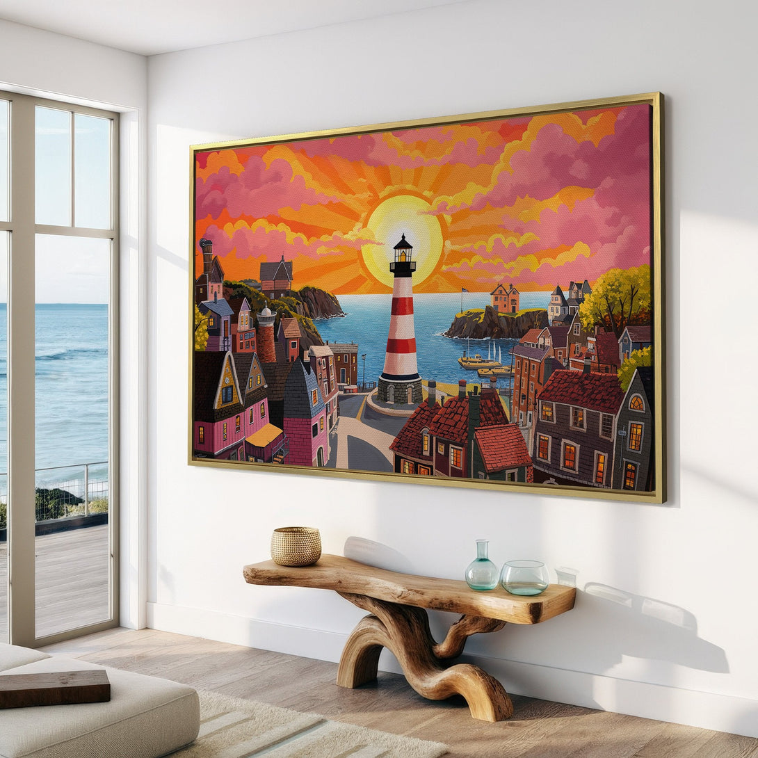 Canvas Print of a coastal town scene with a lighthouse, vibrant colors, and a warm sunset. Perfect wall art for your home!