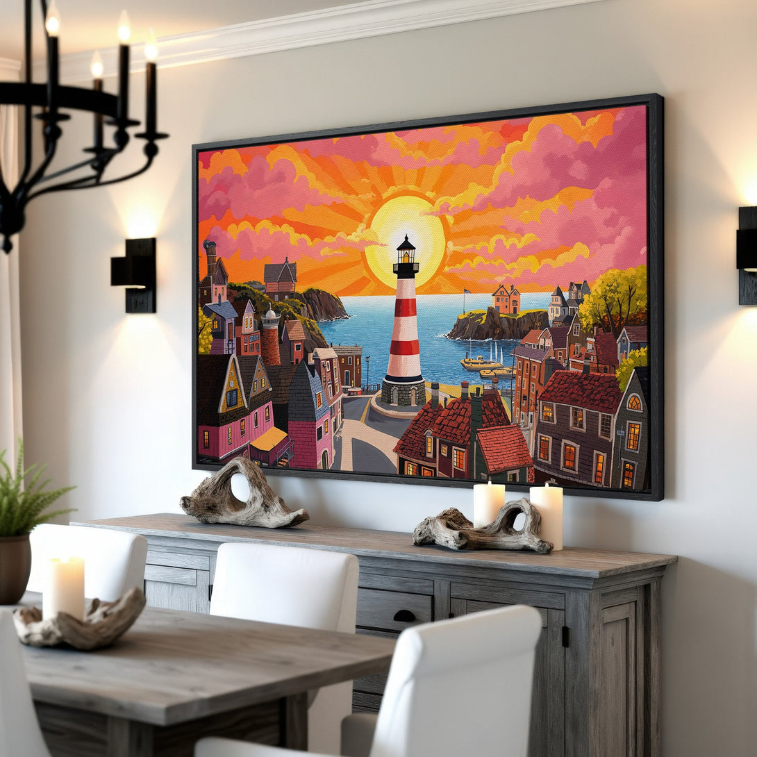 Framed Wall Art: Coastal lighthouse scene with vibrant sunset. Colorful canvas print in a warm orange, pink, and blue palette. Perfect wall decor for a cozy home.