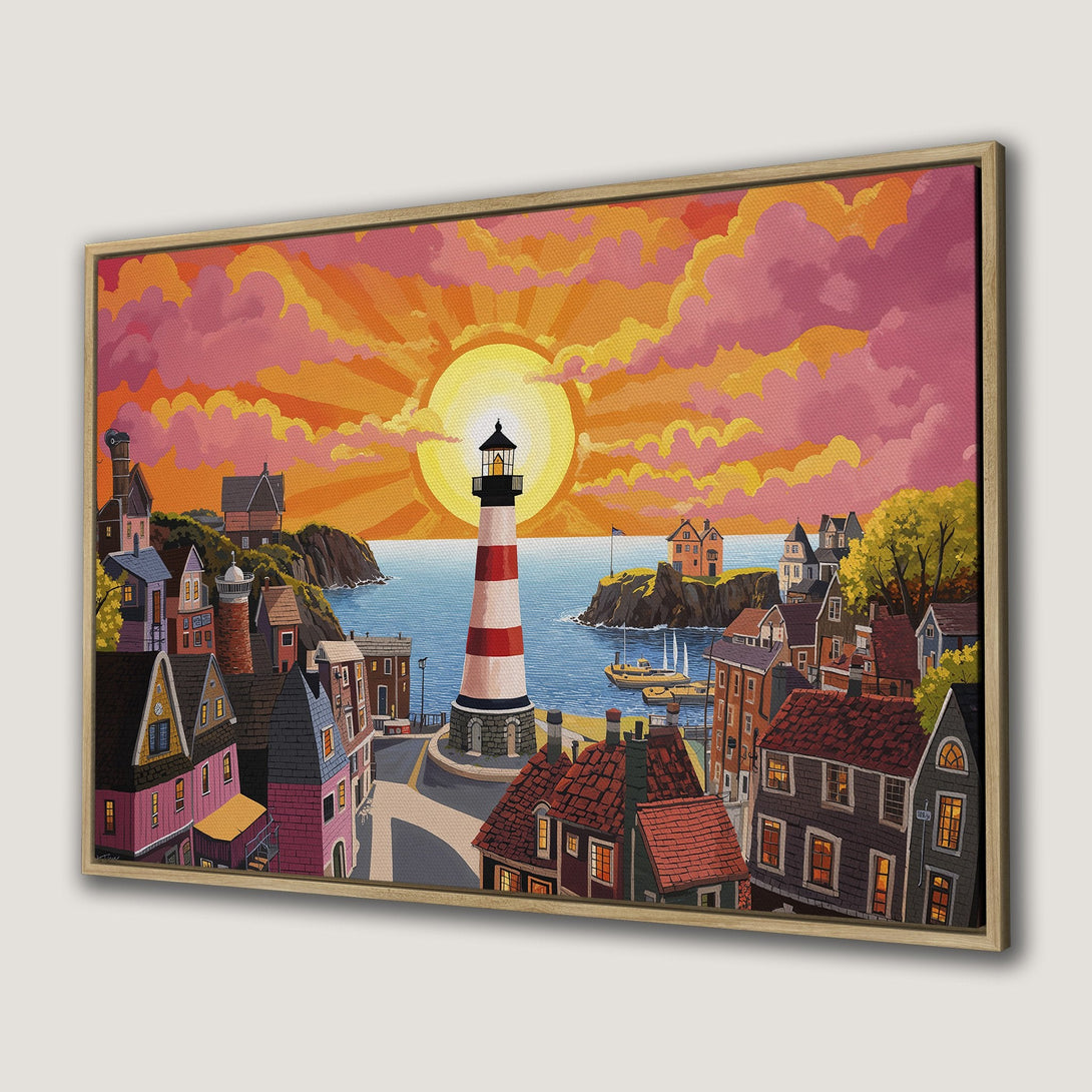 Framed Wall Art: Coastal town scene with lighthouse, vibrant sunset, and warm color palette. Perfect for adding charm to your home!