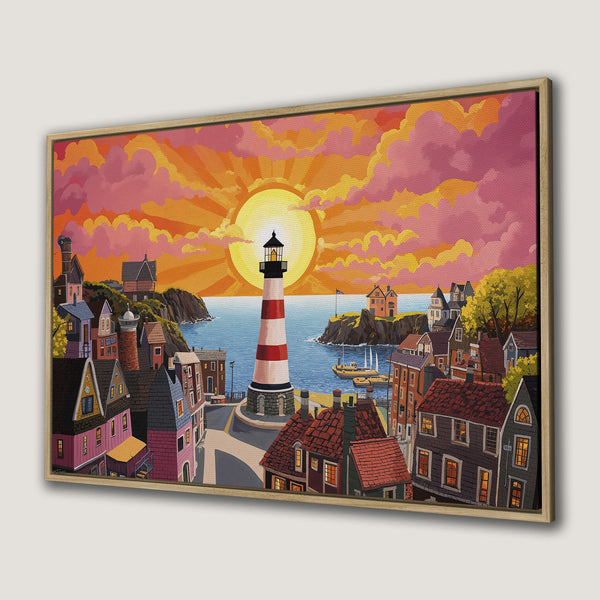 Framed Wall Art: Coastal town scene with lighthouse, vibrant sunset, and warm color palette. Perfect for adding charm to your home!