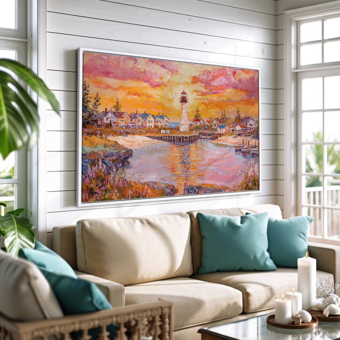Framed Wall Art: Coastal lighthouse painting with warm sunset hues. Impressionistic style canvas print adds a cozy touch to any living room.