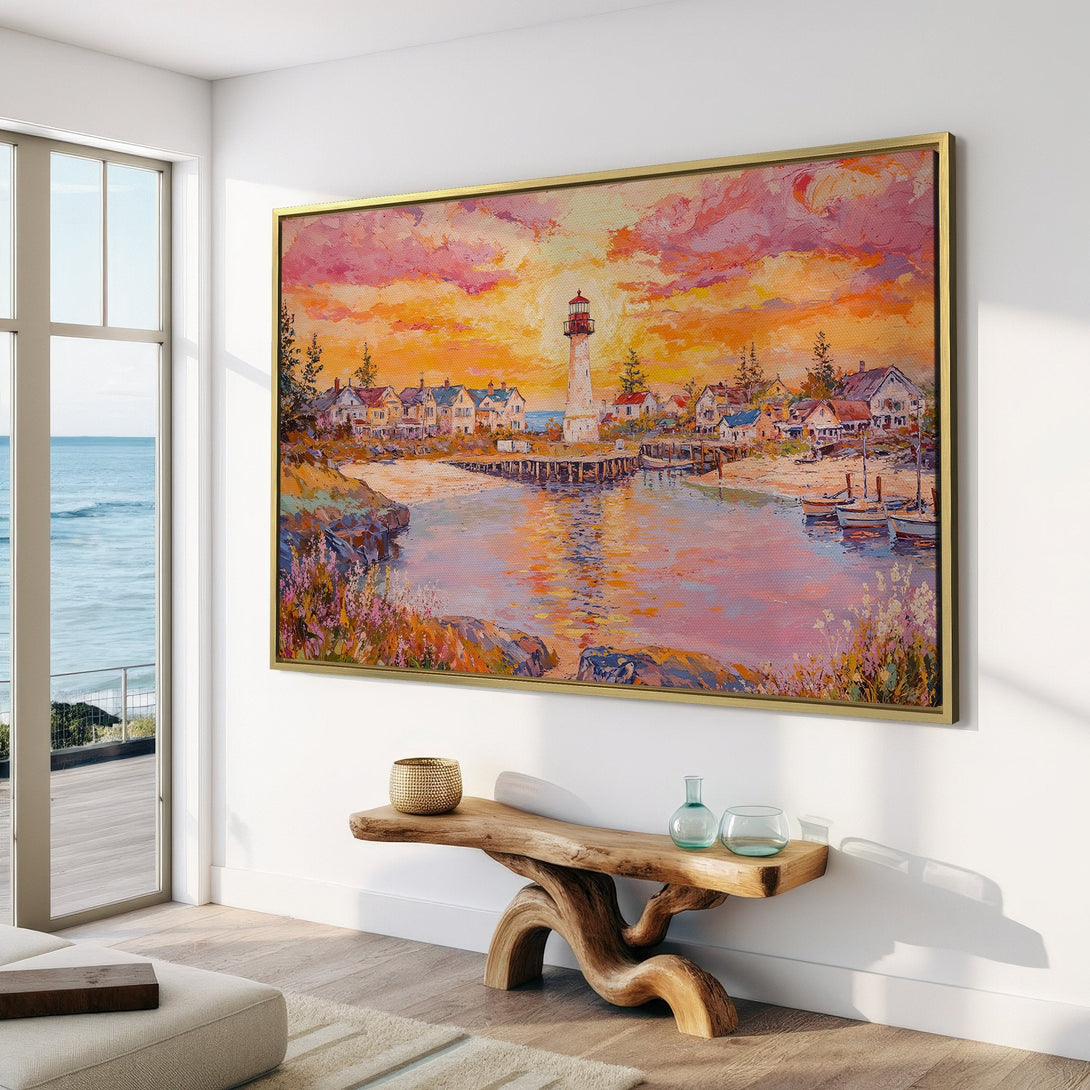 Canvas Print of a coastal lighthouse painting. Warm sunset hues and impressionistic style create a calming, inviting atmosphere for your home.