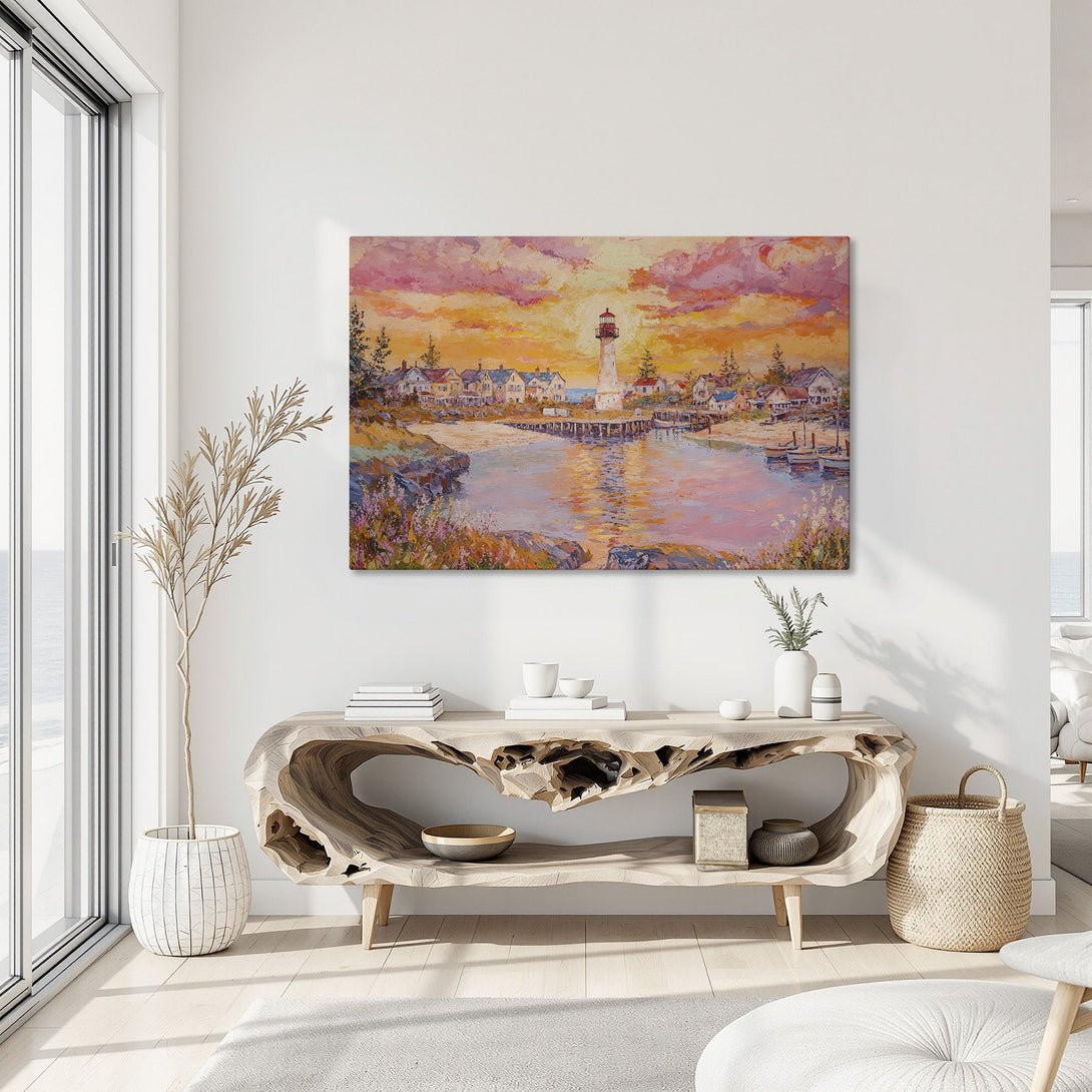 Framed Wall Art: Coastal landscape Canvas Print with a lighthouse, warm sunset colors, and impressionistic style. Perfect for adding charm to any room.