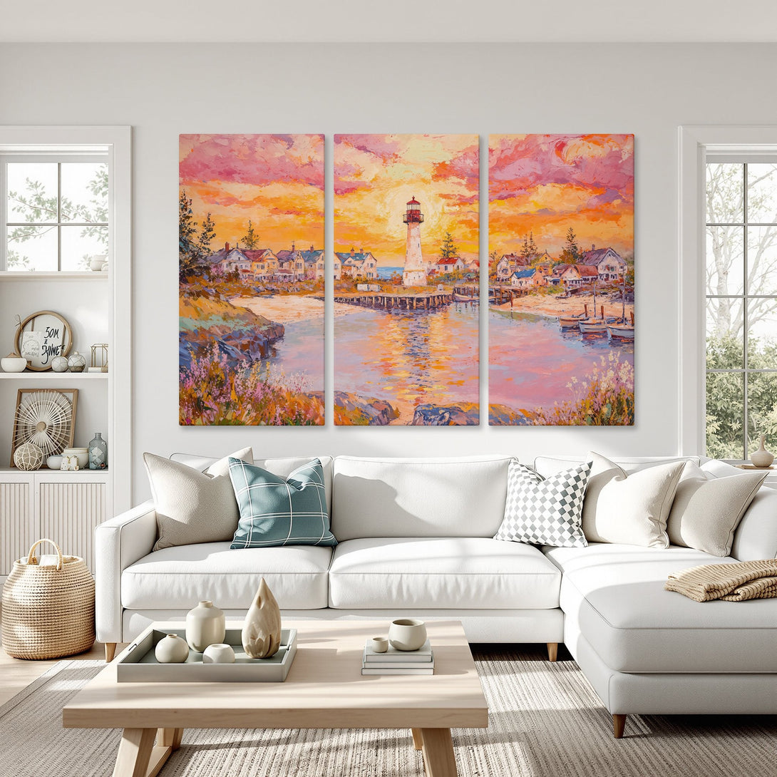 Canvas Print of a coastal lighthouse scene in impressionistic style, warm sunset hues of pink, orange, and yellow. Perfect wall art!