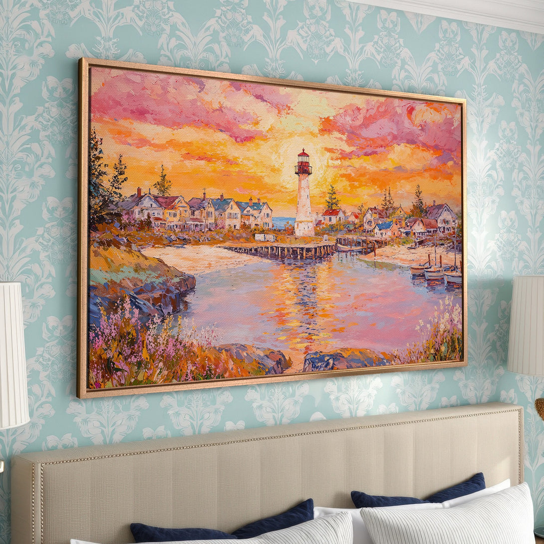 Framed Wall Art: Coastal lighthouse painting in warm sunset hues. Impressionistic style Canvas Print adds a cozy, inviting touch to any room.