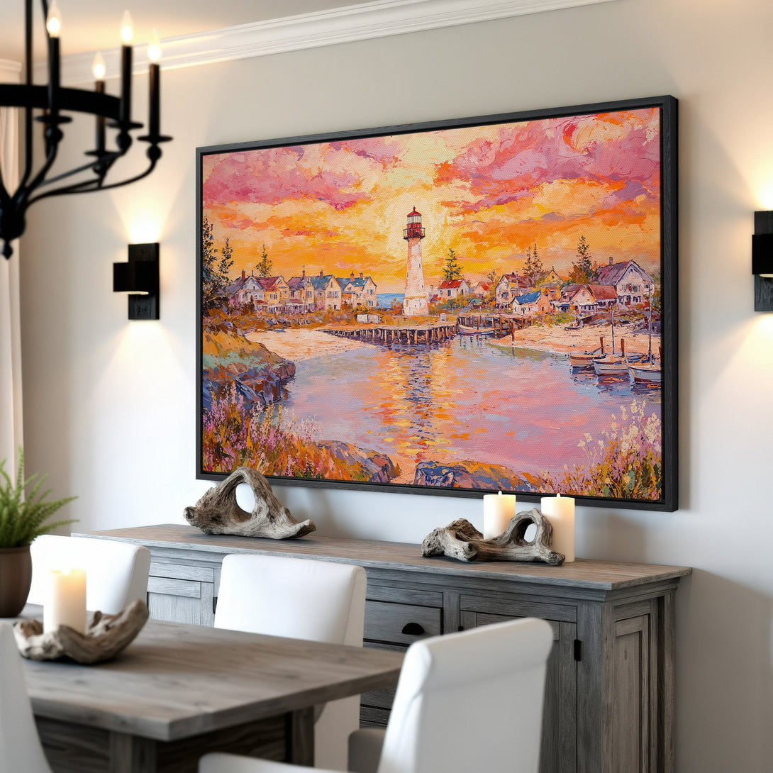 Framed Wall Art: Coastal lighthouse scene in vibrant sunset colors. Impressionist style canvas print adds warmth and charm to any room.