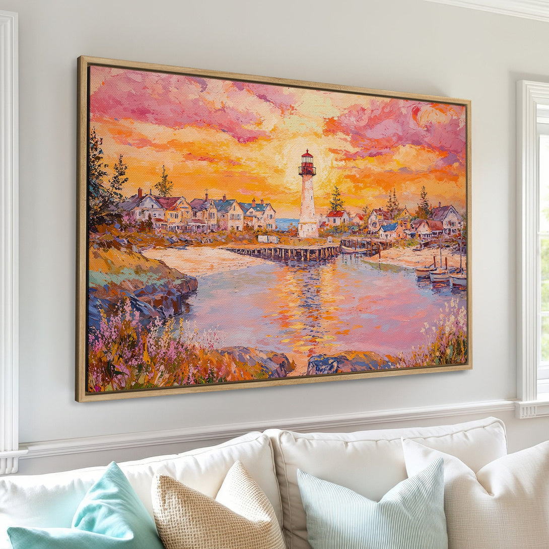 Framed Wall Art: Coastal lighthouse painting with vibrant sunset colors. Impressionistic style canvas print adds warmth & beauty to any interior.