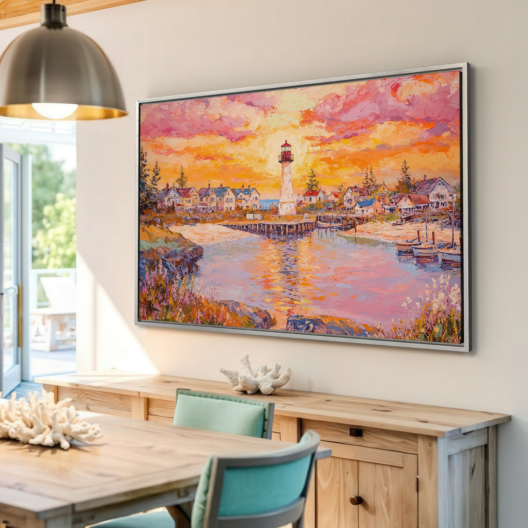 Framed Wall Art: Coastal lighthouse landscape in warm sunset colors. Impressionistic style Canvas Print adds a cozy, artistic touch to any room.