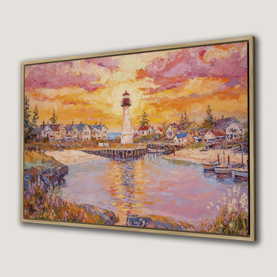 Framed Wall Art: Coastal lighthouse landscape painting in warm sunset hues. Add a touch of serenity to your home with this beautiful canvas print.
