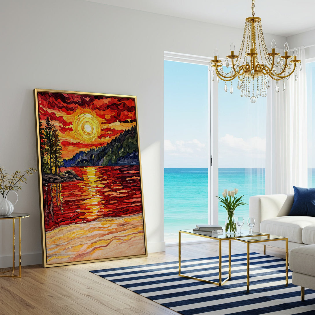 Canvas Print of a vibrant sunset landscape painting in warm red, orange, and yellow tones. Modern art for home decor.
