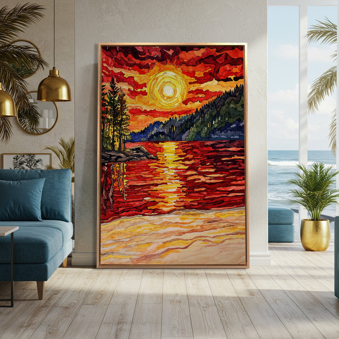 Framed Wall Art: Vibrant sunset landscape Canvas Print, watercolor style, featuring fiery red, orange, and yellow hues. Perfect for adding warmth to your home decor.