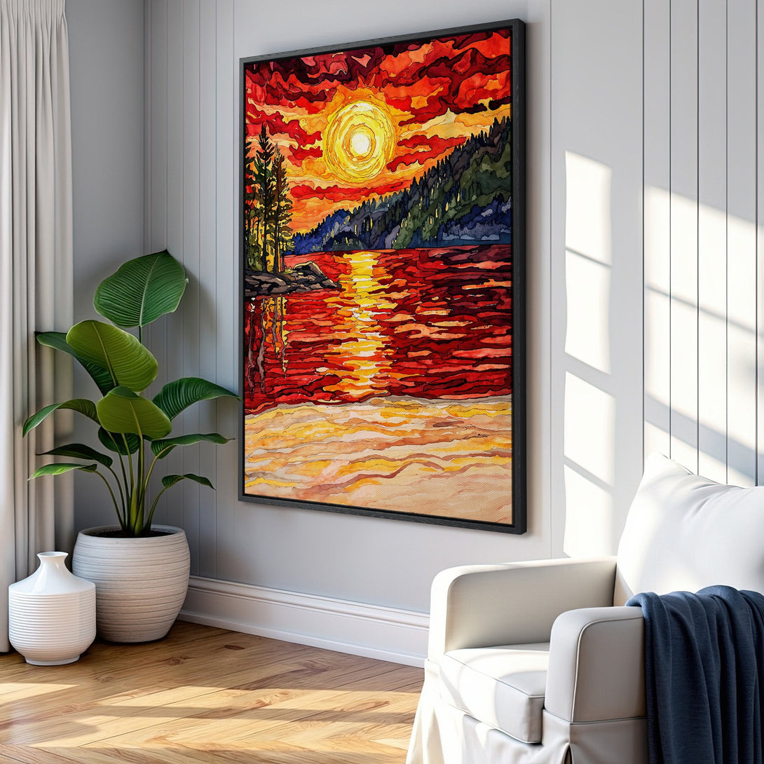 Framed Wall Art: Stunning sunset over water. Watercolor style with vibrant red, orange, and yellow hues. Perfect for adding warmth and art to your home decor.