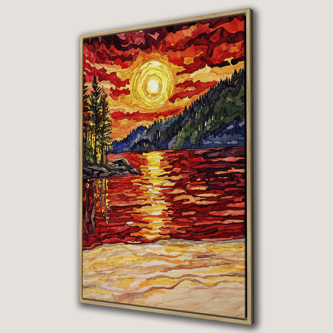 Framed Wall Art: Watercolor sunset over a lake, vibrant red and orange hues. Landscape Canvas Print, perfect for adding warmth and color to any room.