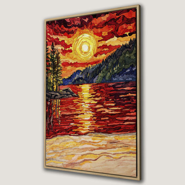 Framed Wall Art: Watercolor sunset over a lake, vibrant red and orange hues. Landscape Canvas Print, perfect for adding warmth and color to any room.