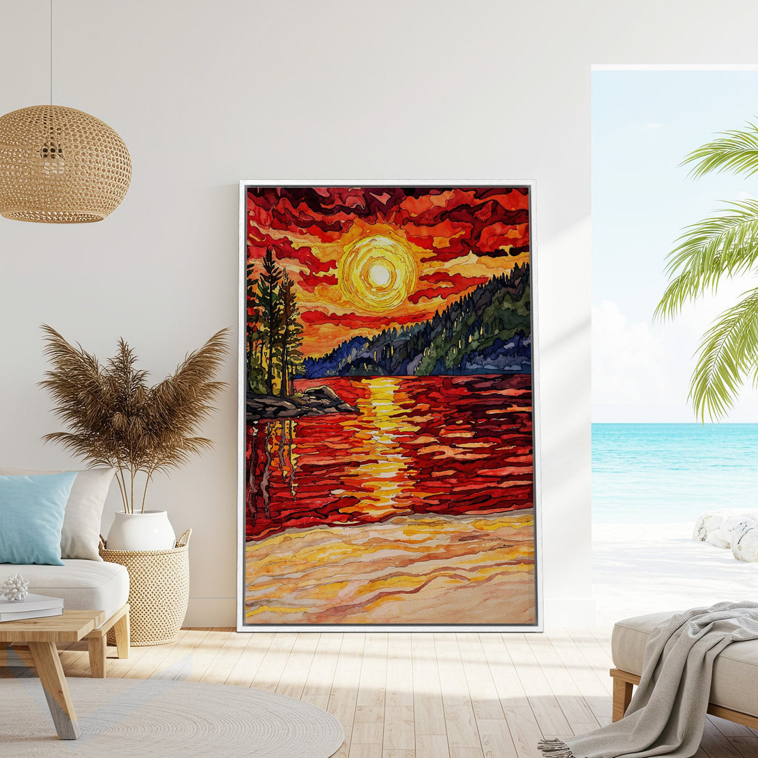 Framed Wall Art: Watercolor sunset over lake. Warm red, orange, and yellow hues create a vibrant, artistic Canvas Print. Perfect for adding color to your space!