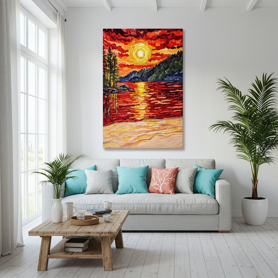 Framed Wall Art: Sunset over water in warm red & orange hues. Watercolor style Canvas Print adds vibrant art to any living room.