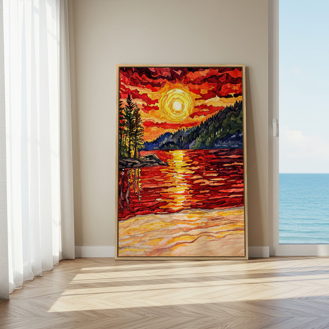 Framed Wall Art: Sunset over lake watercolor painting in warm red and yellow tones. Adds vibrant art to any home decor.