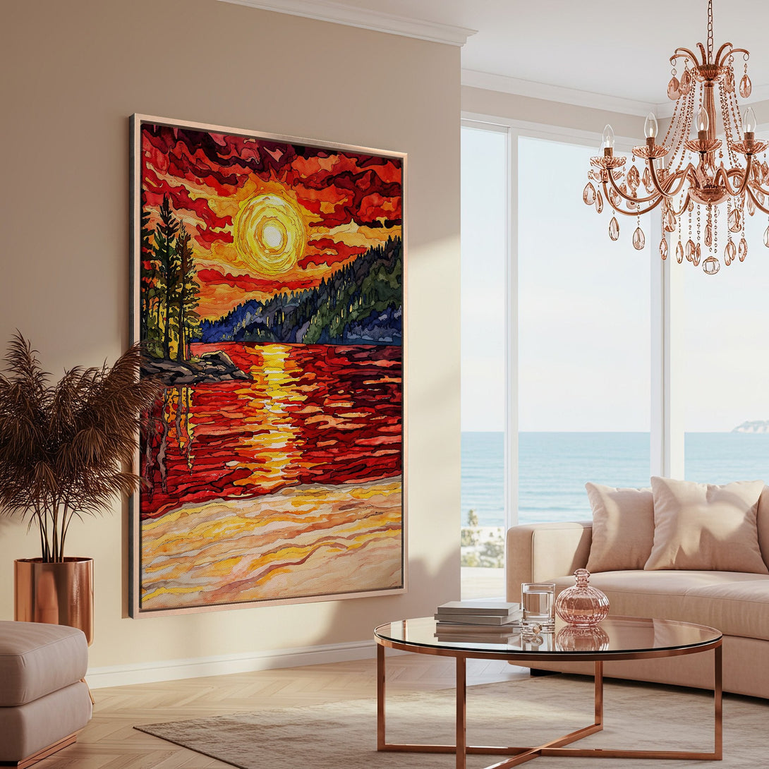 Framed Wall Art: Sunset watercolor painting with vibrant red, orange, and yellow hues. Adds warmth and style to any living room. Shop now!