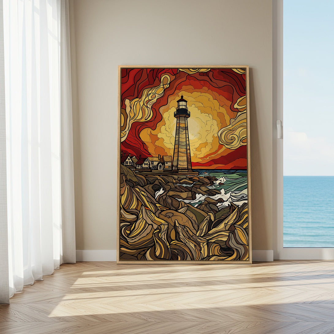 Framed Wall Art featuring a lighthouse in a vibrant, stained-glass style. Warm red, orange, and brown color palette. Perfect coastal decor!