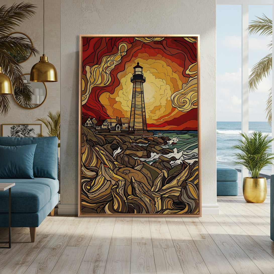 Framed Wall Art featuring a lighthouse in a vibrant, stained-glass style. Warm red, orange, and yellow tones create a stunning focal point for any room.