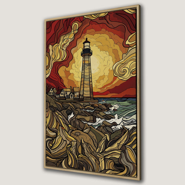 Framed Wall Art: Lighthouse art print in warm sunset colors. Coastal decor featuring a stylized lighthouse, perfect for adding a touch of art to any room.