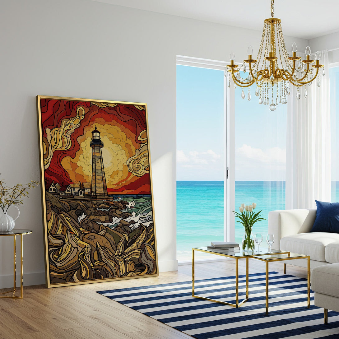 Vibrant Canvas Print of a lighthouse at sunset. Modern, colorful art with warm orange, red & yellow tones. Perfect coastal decor.