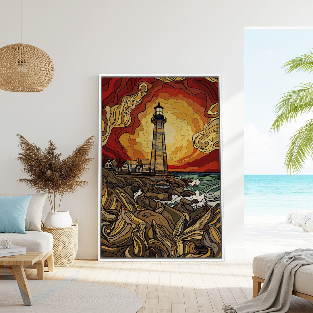 Framed Wall Art: Lighthouse illustration in warm sunset hues. Coastal style with a vibrant, earthy color palette, perfect for adding a touch of art to your space.