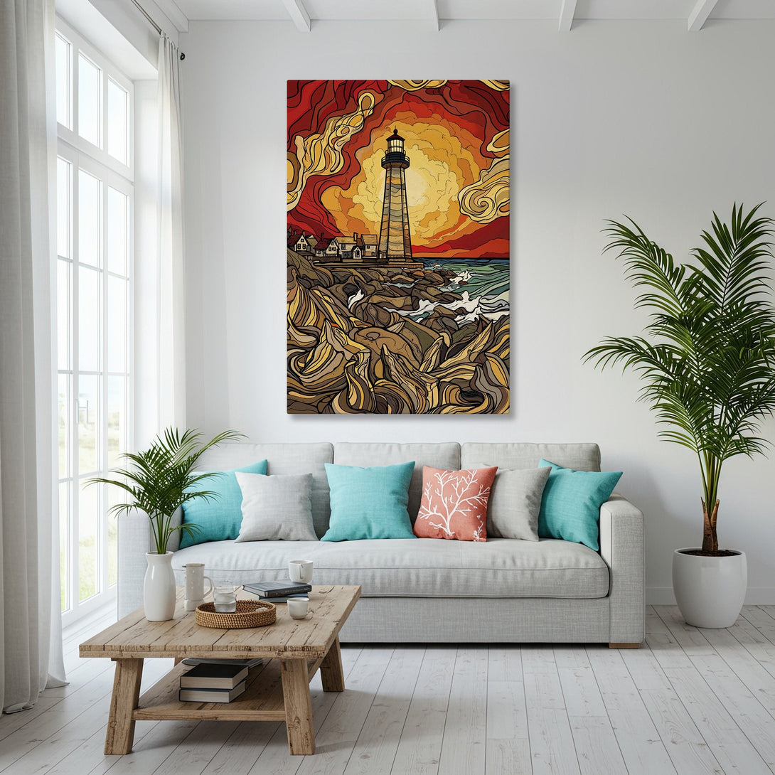 Framed Wall Art featuring a lighthouse scene in warm tones. Coastal decor inspiration with a vibrant color palette, perfect for any living room.
