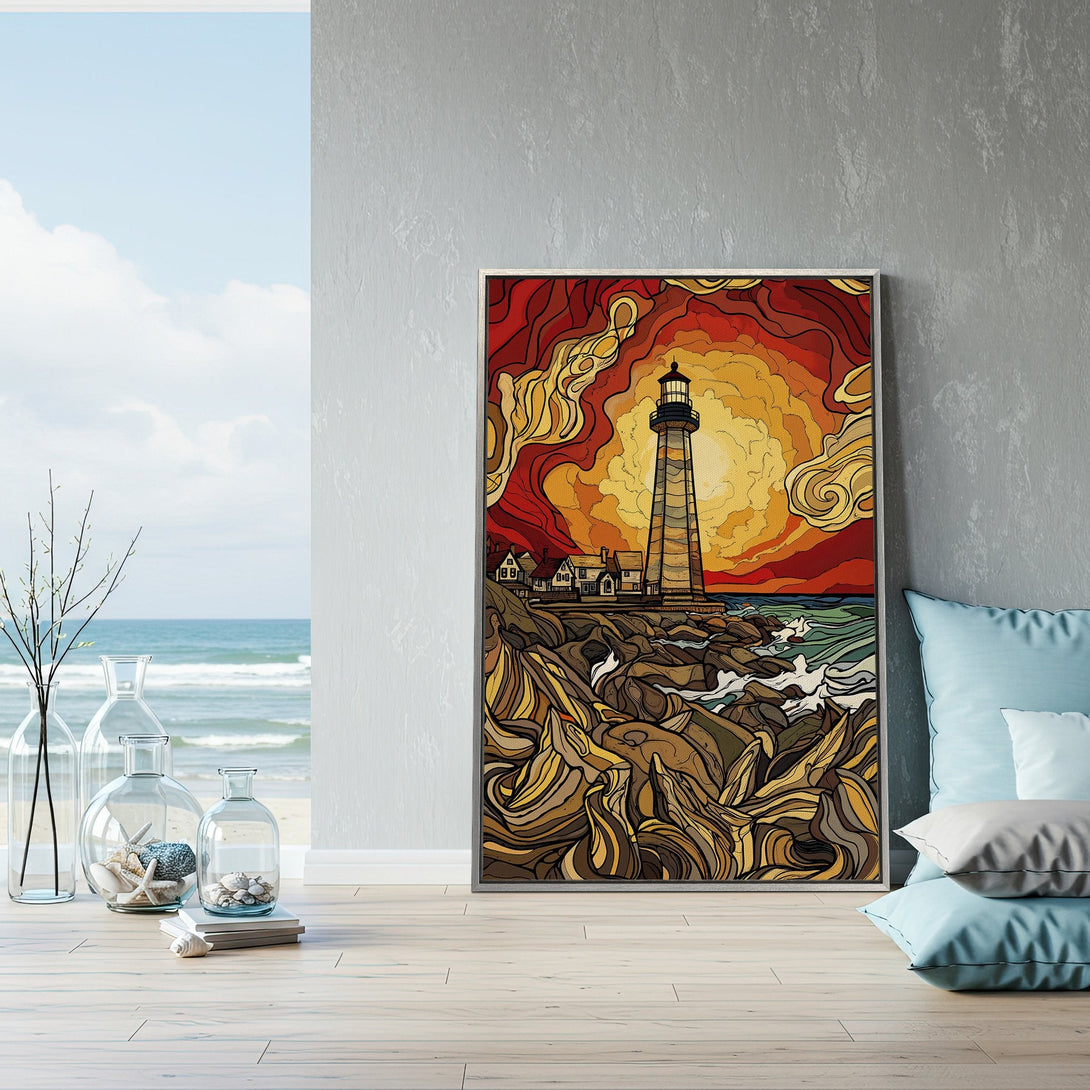 Framed Wall Art: Lighthouse art print in warm tones. Coastal-inspired decor with a vibrant sunset, perfect for adding a pop of color to your home.