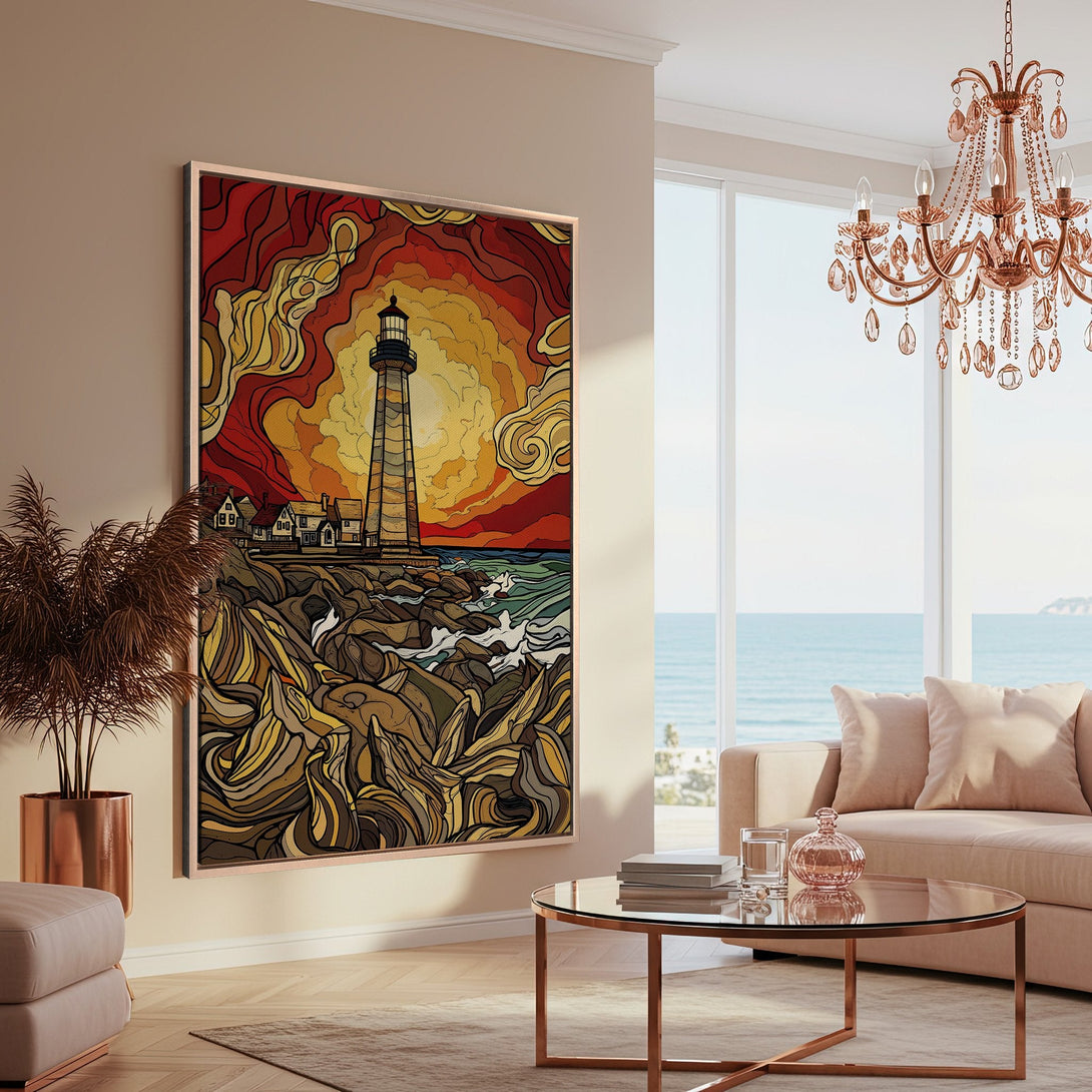 Framed Wall Art featuring a lighthouse in a stained-glass style, warm red and yellow sunset colors. Perfect coastal decor for your home!