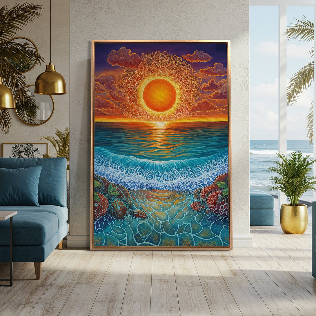 Framed Wall Art: Vibrant sunset over ocean waves. Colorful, artistic Canvas Print with warm orange, blue, and teal tones. Perfect for coastal decor.