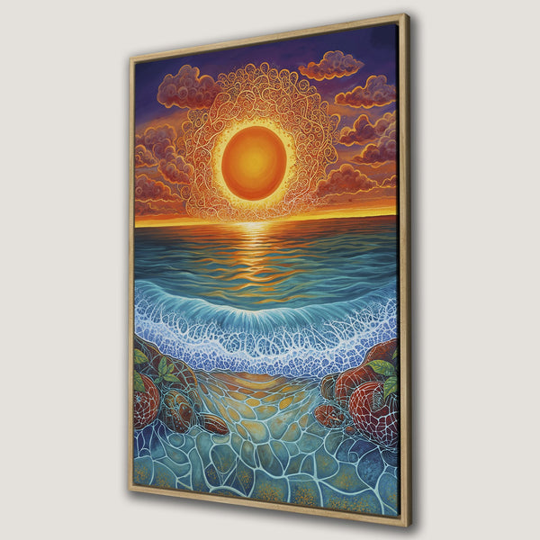 Framed Wall Art Canvas Print featuring a vibrant sunset over the ocean, with a stylized sun and turtles. Warm orange, blue, and gold color palette.