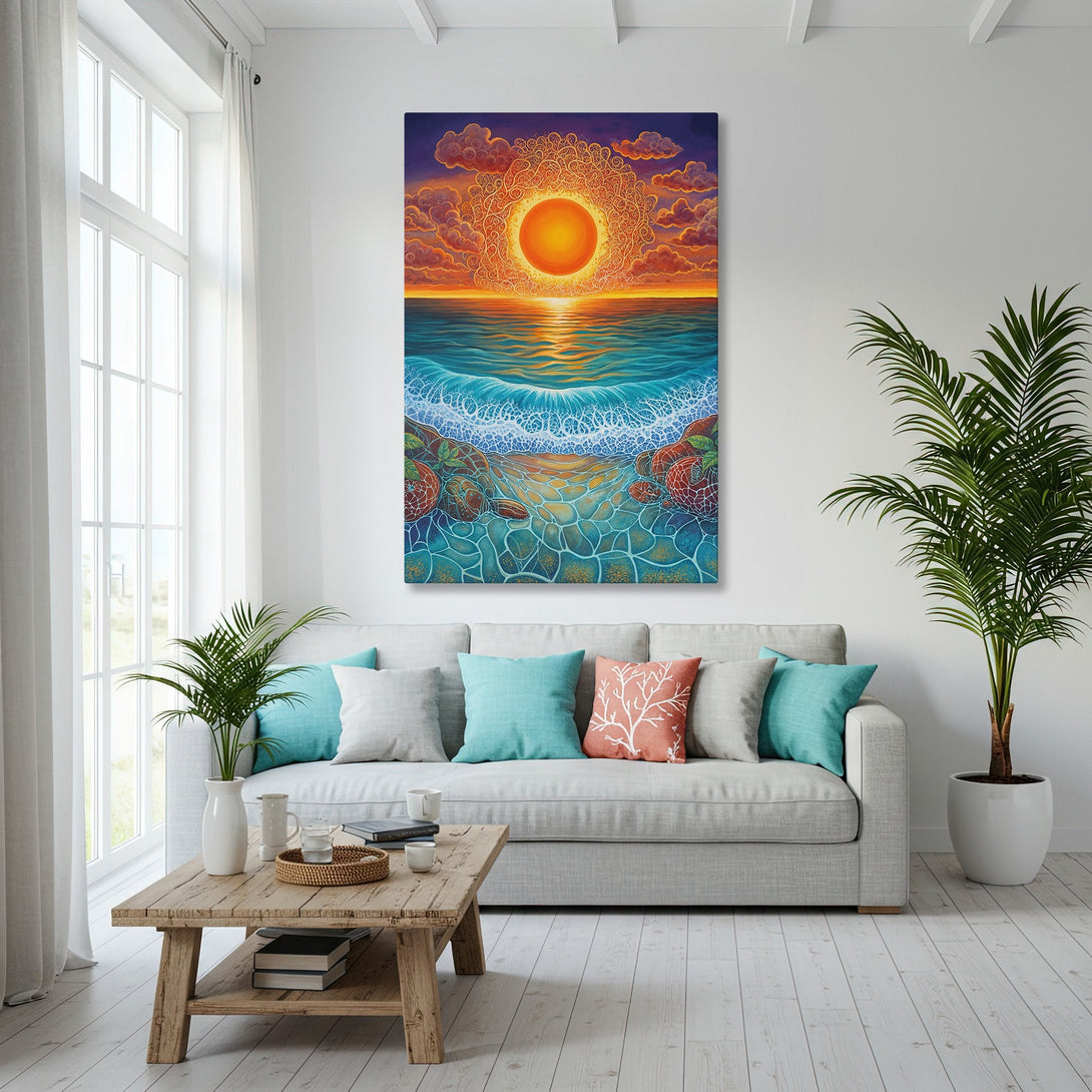 Framed Wall Art featuring a vibrant sunset over the ocean. Warm orange, blue, and gold tones create a calming, coastal vibe. Perfect for your home!