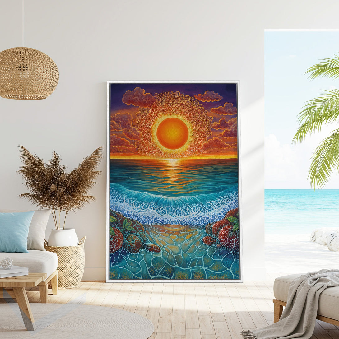 Framed Wall Art: Sunset beach scene in warm orange and blue tones. Coastal-inspired art print adds a touch of serenity to any space. Perfect for home decor.