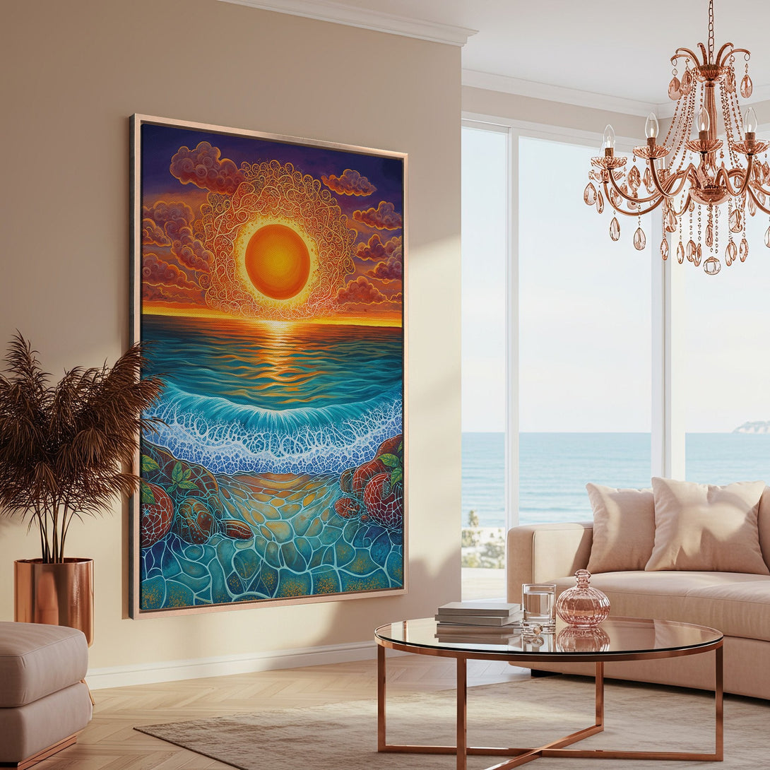 Framed Wall Art featuring a vibrant sunset over the ocean. Colorful, artistic Canvas Print with warm orange, blue, and teal tones, perfect for coastal decor.