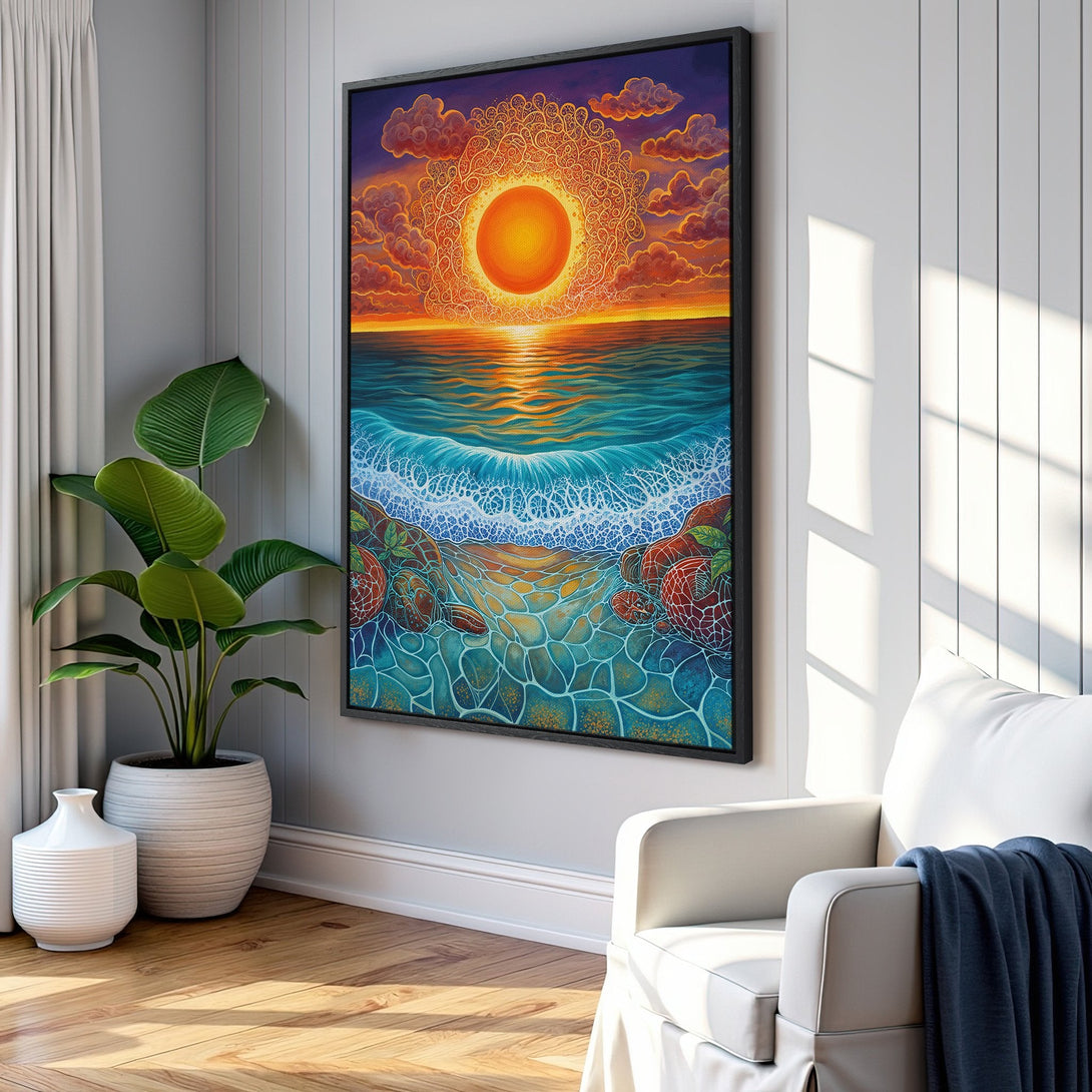 Framed Wall Art: Vibrant sunset over ocean canvas print. Coastal art with warm orange, blue, and teal hues. Perfect for living room or bedroom decor.