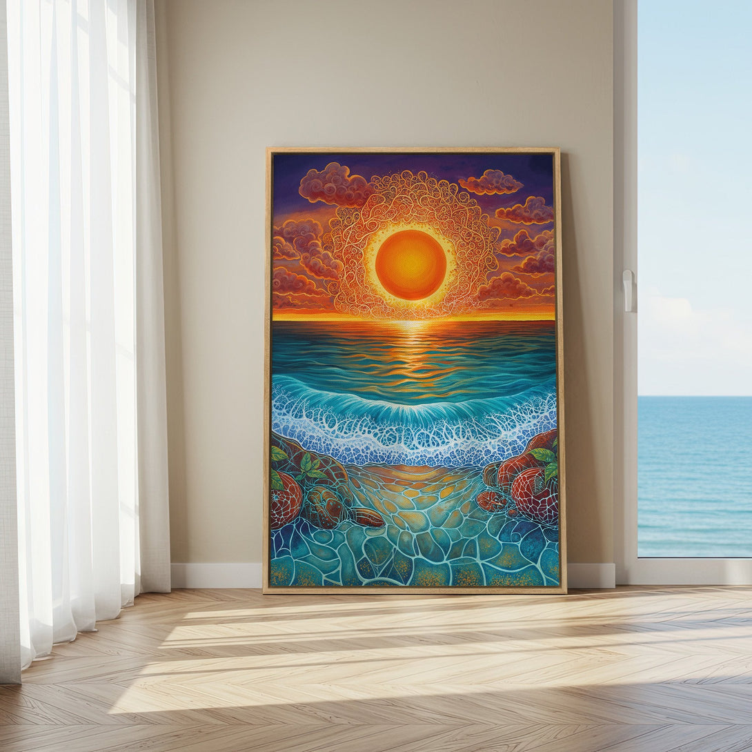 Framed Wall Art Canvas Print of a vibrant sunset over the ocean. Warm orange, blue, and gold hues create a calming coastal vibe.