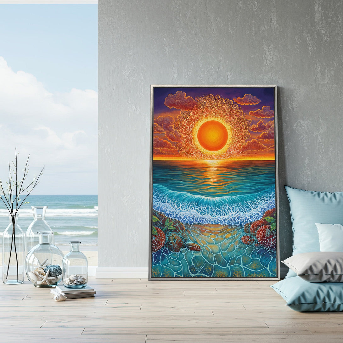 Framed Wall Art of a vibrant sunset over the ocean. Colorful, stylized artwork with warm orange, blue, and teal hues. Perfect coastal decor.
