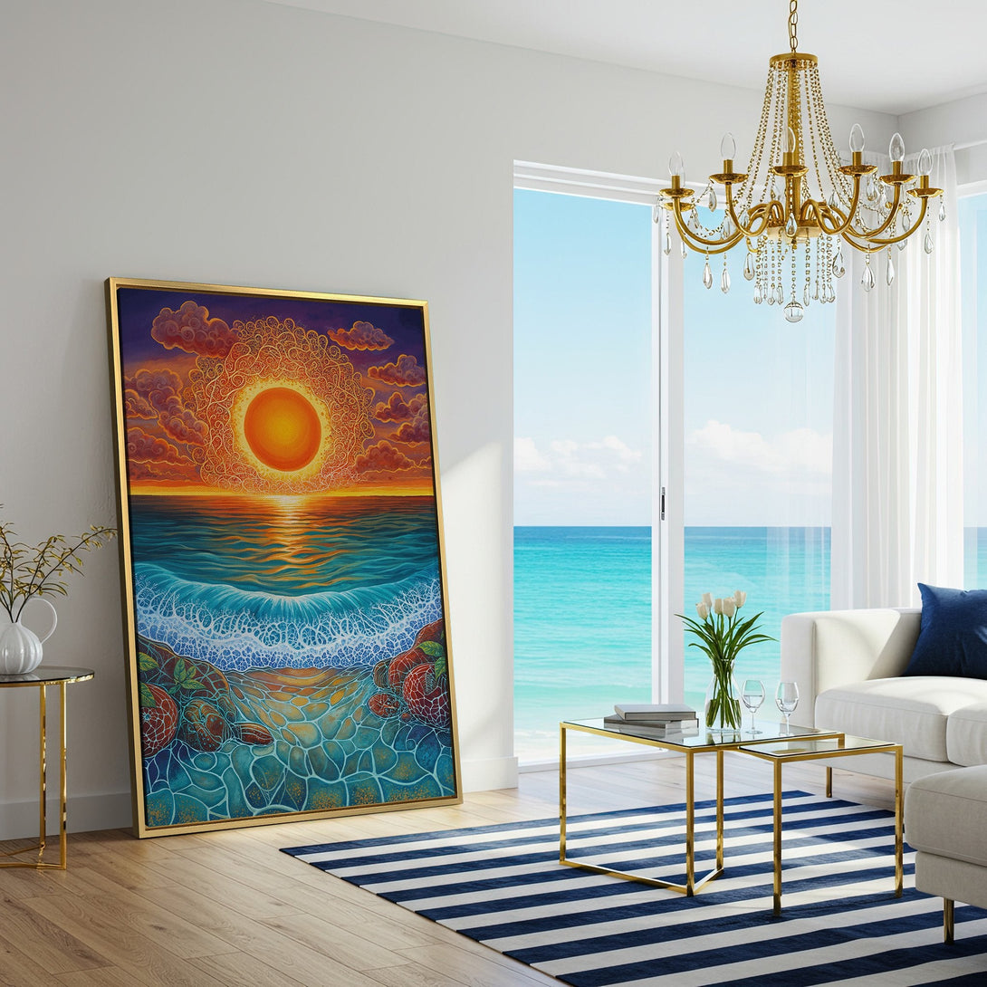 Canvas Print: Vibrant sunset beach scene in warm orange, blue, and purple hues. Modern art style, perfect for coastal decor.