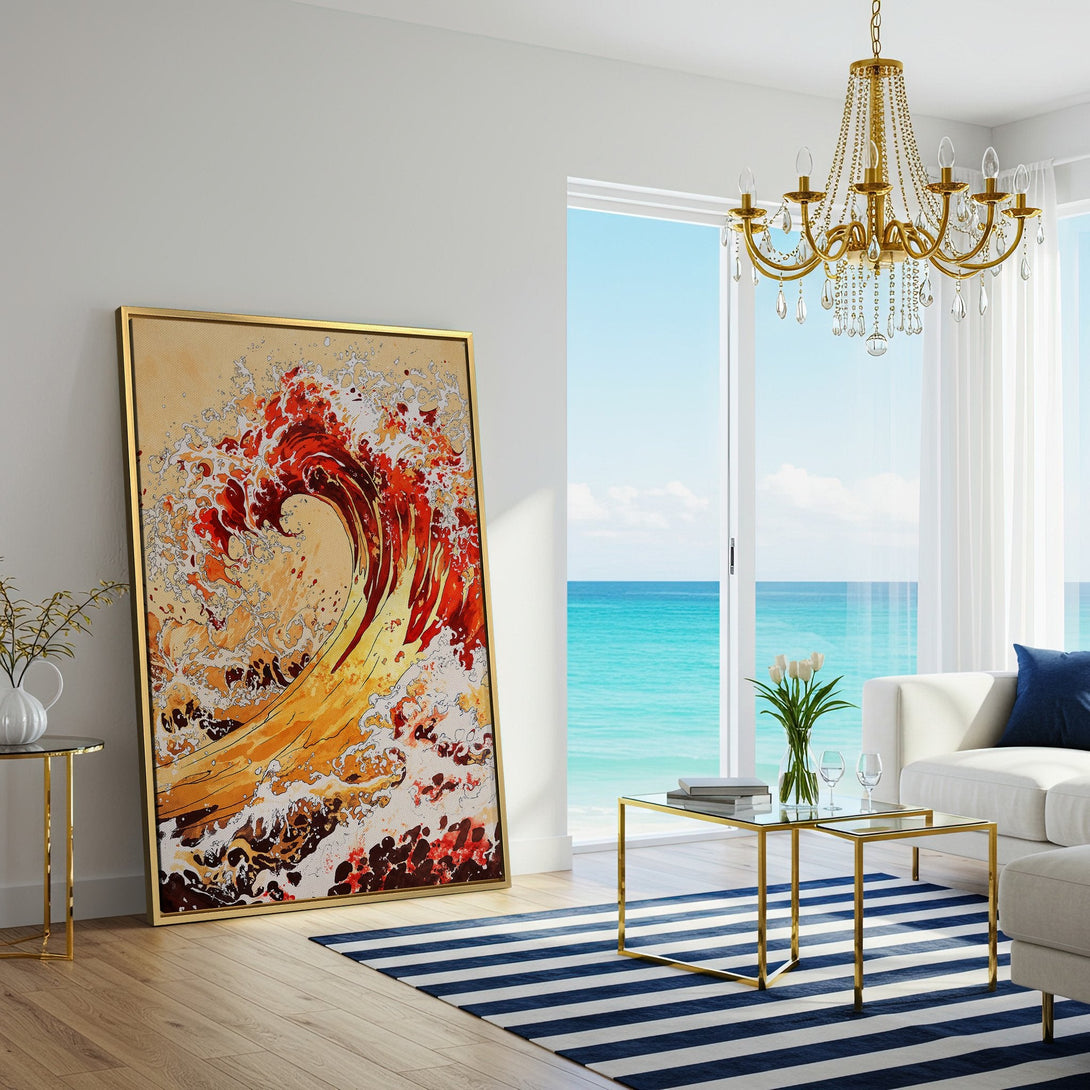 Canvas Print of a vibrant wave in warm red and gold tones, adding a touch of art to a modern living room.