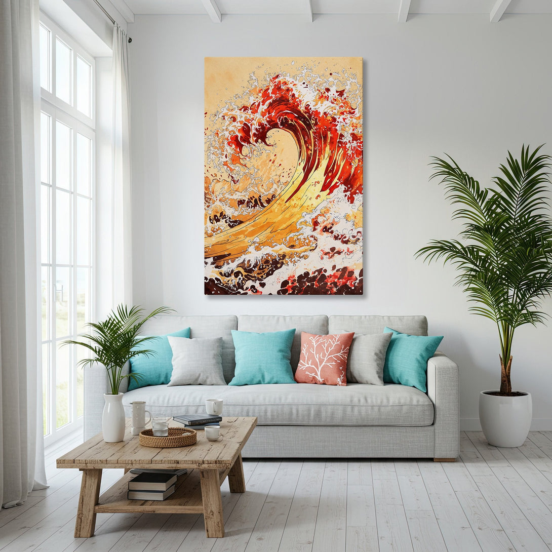 Framed Wall Art: Abstract wave art in warm red & gold tones. Modern canvas print adds coastal style to living room decor.