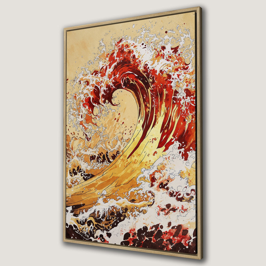 Framed Wall Art featuring a stylized wave in warm red, yellow, and brown tones. Perfect for adding a touch of artistic flair to your home decor.